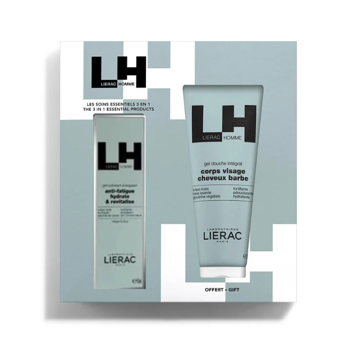 Lierac Homme Cofanetto Gel Idratante energizzante 50ml + Gel Doccia 3in1 200 ml Leviga - Rassoda - Idrata