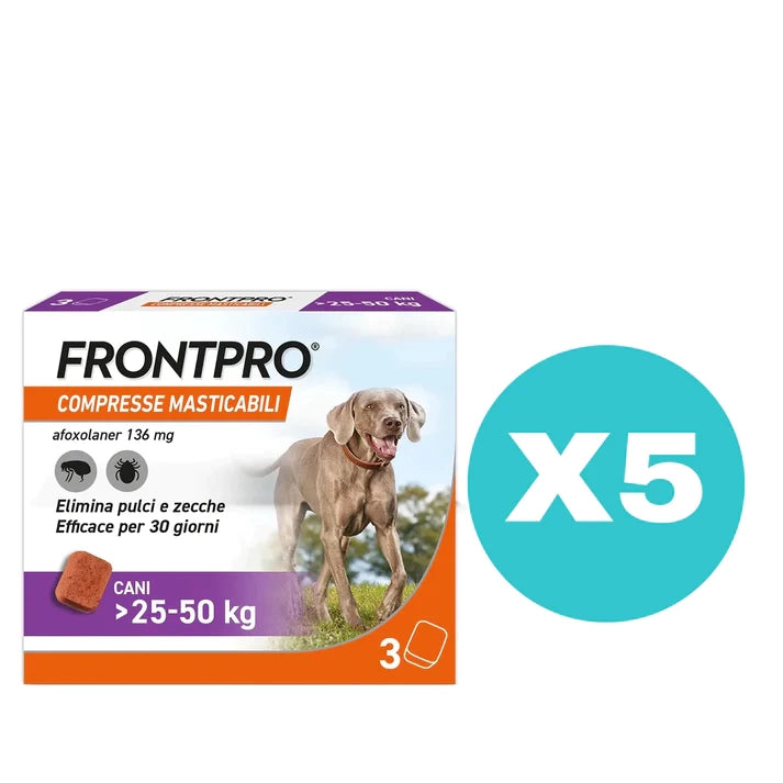 5 Confezioni - Frontpro Contro Pulci E Zecche - Tot. 15 Compresse Masticabili Per Cani 25-50 Kg 136 Mg
