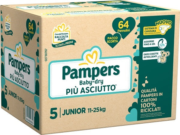 PAMPERS BABY DRY QUADRI PANNOLINO DOWNCOUNT JUNIOR 64 PEZZI