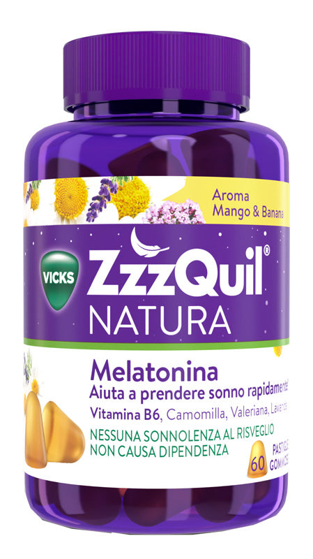 ZzzQuil NATURA Per Dormire 60 Gommose Mango Banana con Melatonina Camomilla Valeriana Lavanda