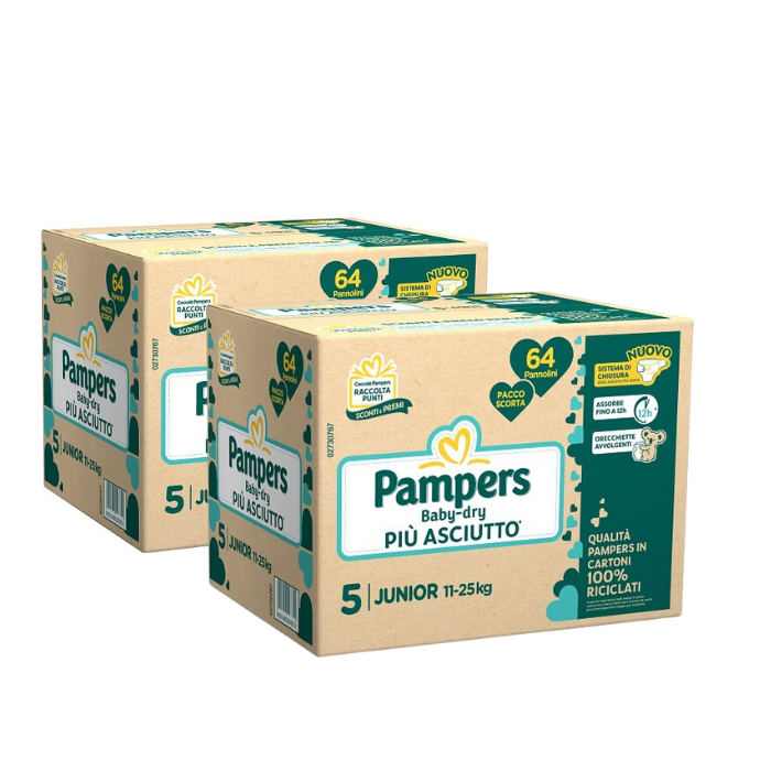 2 Confezioni Pampers Baby Dry Quadri - Taglia Juinor - 64pezzix2 - Tot.128pz