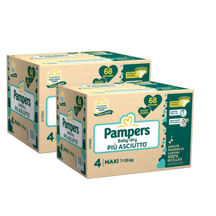 2 Confezioni Pampers Baby Dry Quadri - Taglia Maxi -  68pzx2 - Tot. 136pz