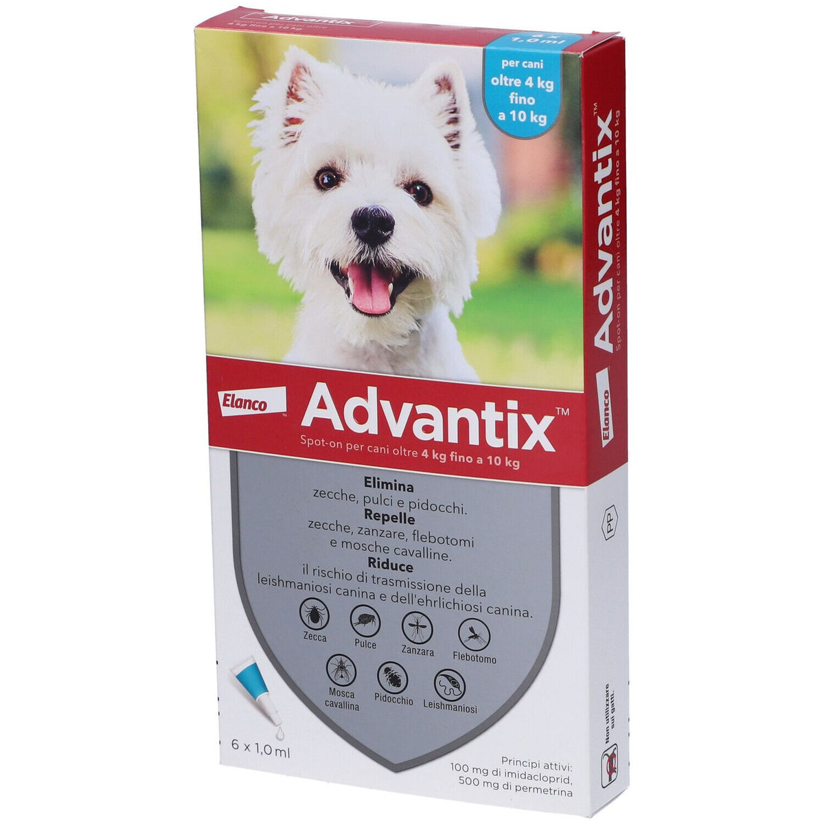 Advantix Spot-On Soluzione 6 Pipette 1 ml 100 mg + 500 mg - Per Cani Oltre 4 Kg Fino A 10 Kg
