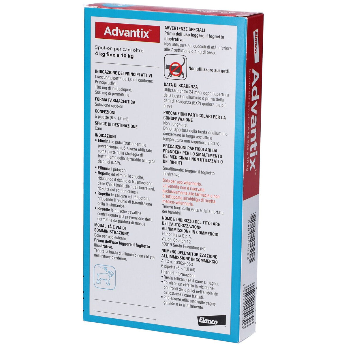 Advantix Spot-On Soluzione 6 Pipette 1 ml 100 mg + 500 mg - Per Cani Oltre 4 Kg Fino A 10 Kg