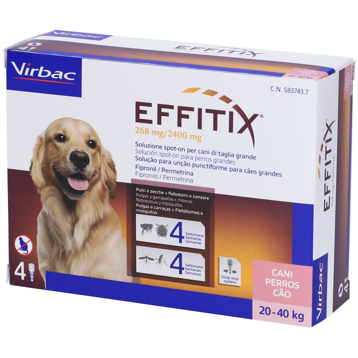 EFFITIX spot-on soluz 4 pipette 4,40 ml 268 mg + 2.400 mg cani da 20 a 40 Kg