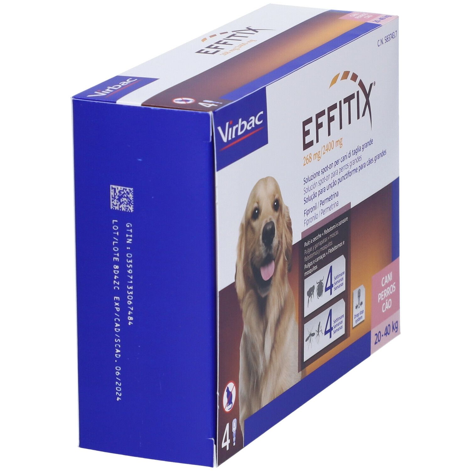 EFFITIX spot-on soluz 4 pipette 4,40 ml 268 mg + 2.400 mg cani da 20 a 40 Kg