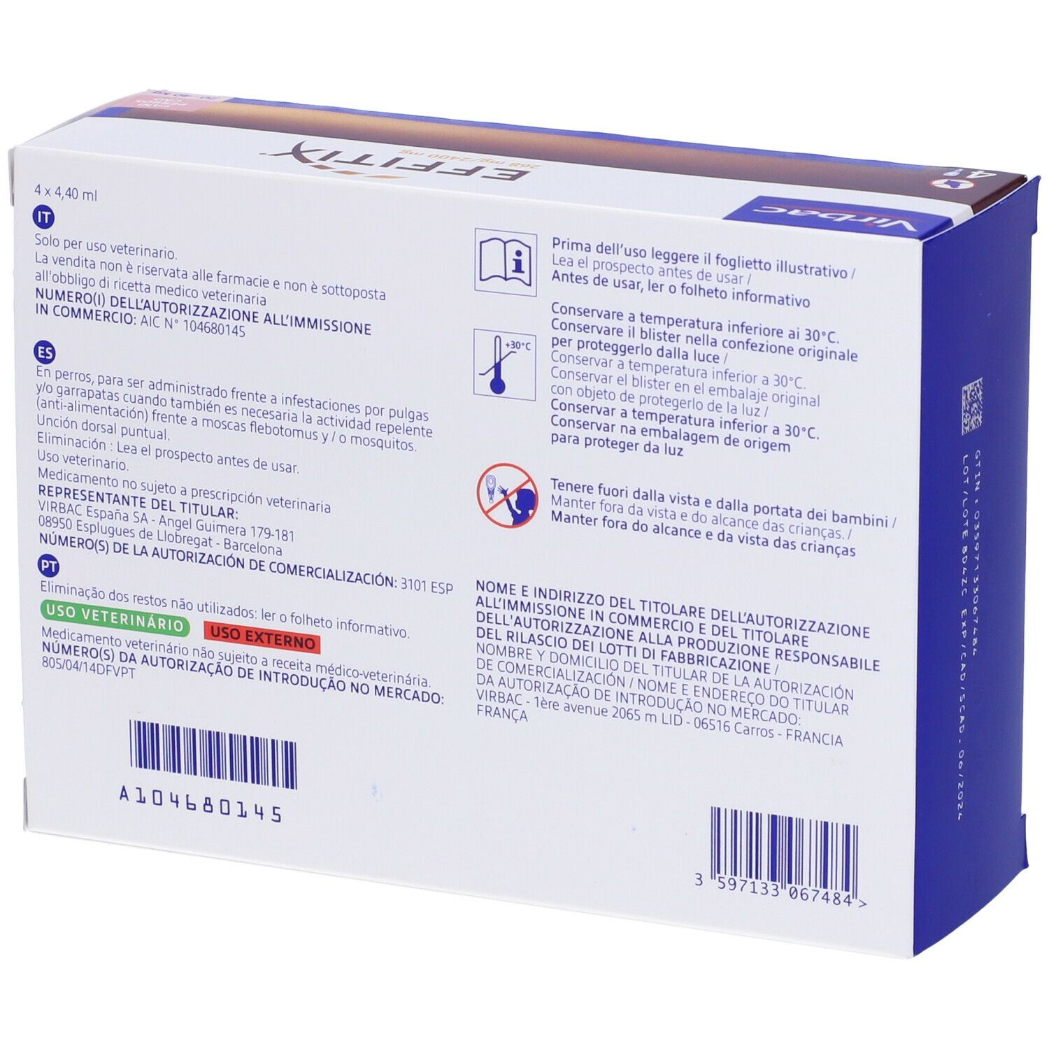 EFFITIX spot-on soluz 4 pipette 4,40 ml 268 mg + 2.400 mg cani da 20 a 40 Kg