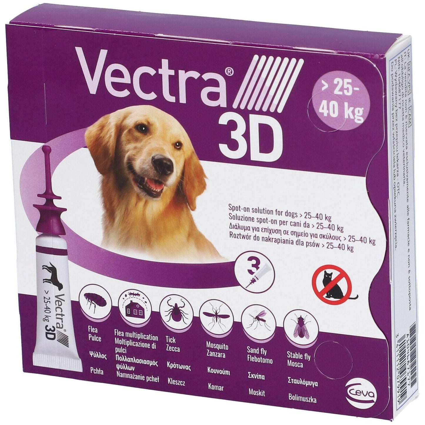 VECTRA 3D spot-on soluz 3 pipette 4,7 ml 256 mg + 22,7 mg + 1.865 mg cani da 25 a 40 Kg, tappo viola