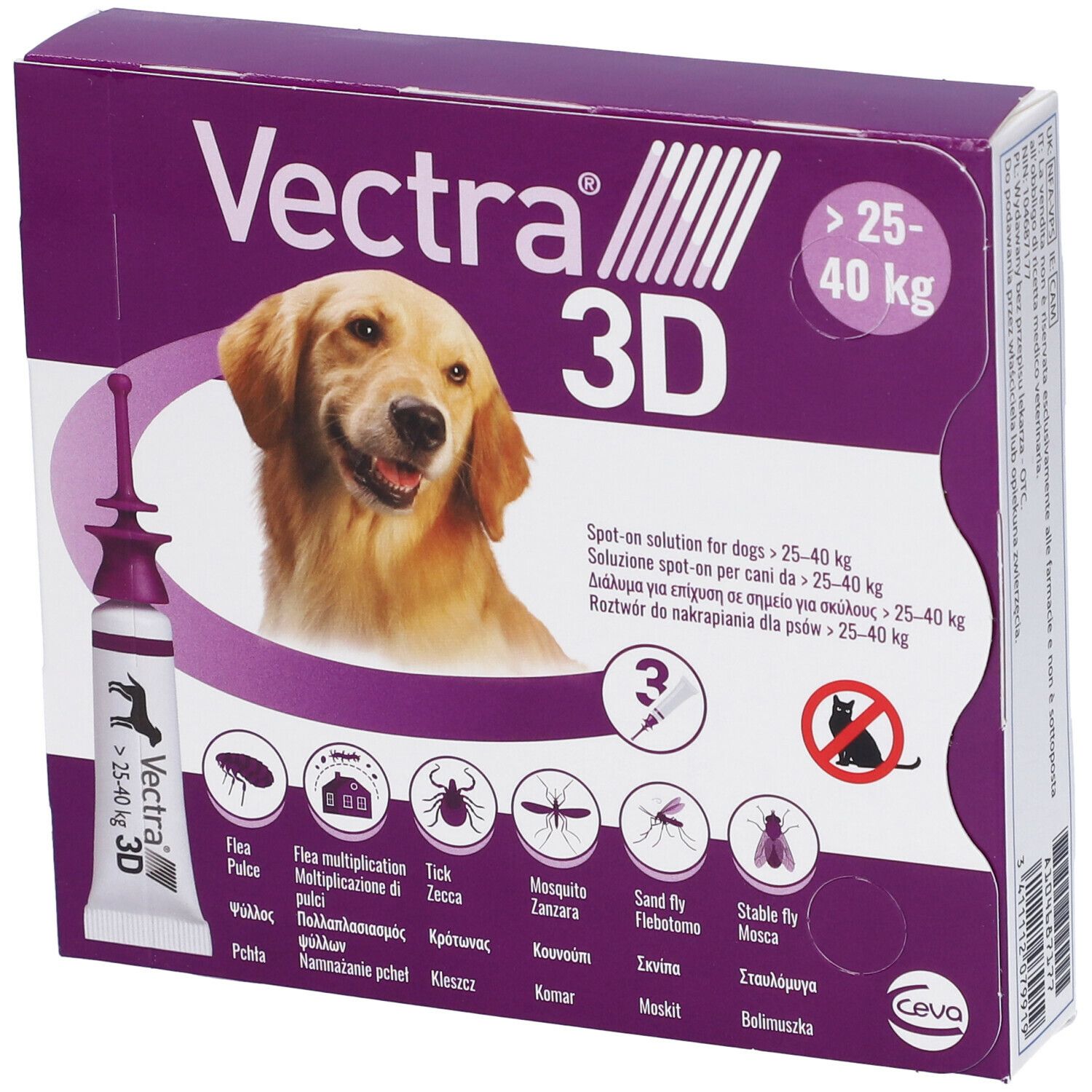 VECTRA 3D spot-on soluz 3 pipette 4,7 ml 256 mg + 22,7 mg + 1.865 mg cani da 25 a 40 Kg, tappo viola