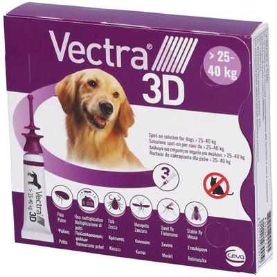 VECTRA 3D spot-on soluz 3 pipette 4,7 ml 256 mg + 22,7 mg + 1.865 mg cani da 25 a 40 Kg, tappo viola