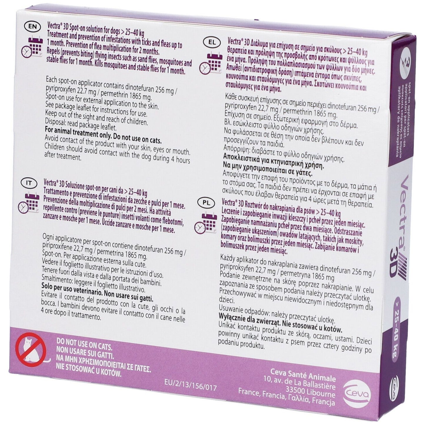 VECTRA 3D spot-on soluz 3 pipette 4,7 ml 256 mg + 22,7 mg + 1.865 mg cani da 25 a 40 Kg, tappo viola