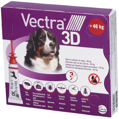 VECTRA 3D spot-on soluz 3 pipette 8 ml 436 mg + 38,7 mg + 3.175 mg cani > 40 Kg, tappo rosso