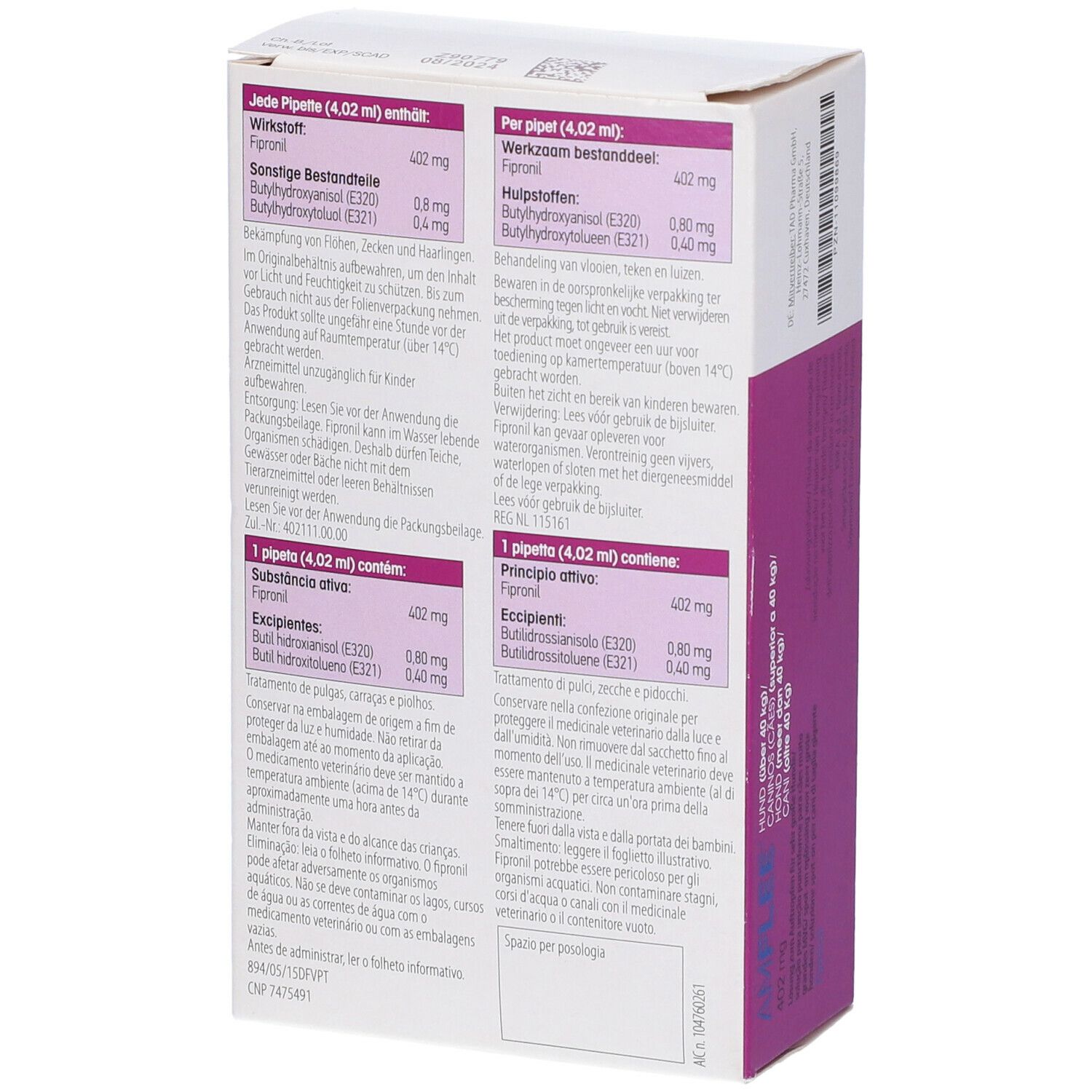 AMFLEE Spot-On Soluzione 3 pipette 4,02 ml 402 mg - Per Cani da 40 a 60 Kg