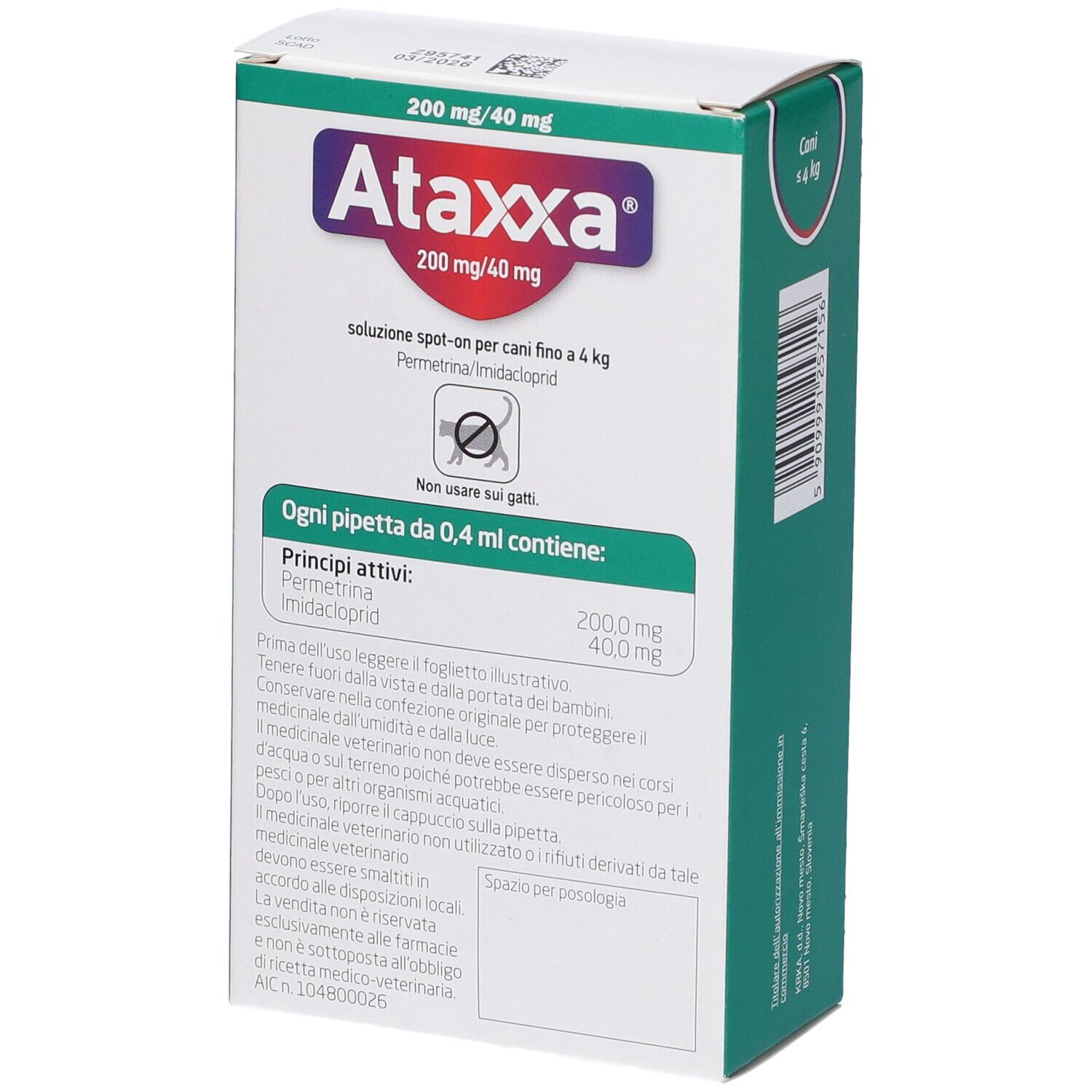Ataxxa 200 Mg/40 Mg Soluzione Spot-On 4 Pipette 0,4 ml 40 mg + 200 mg - Per Cani Fino A 4 Kg - Ataxxa 200 Mg/40 Mg Soluzione Spot-On 4 Pipette 0,4 ml 40 mg + 200 mg - Per Cani Fino A 4 Kg