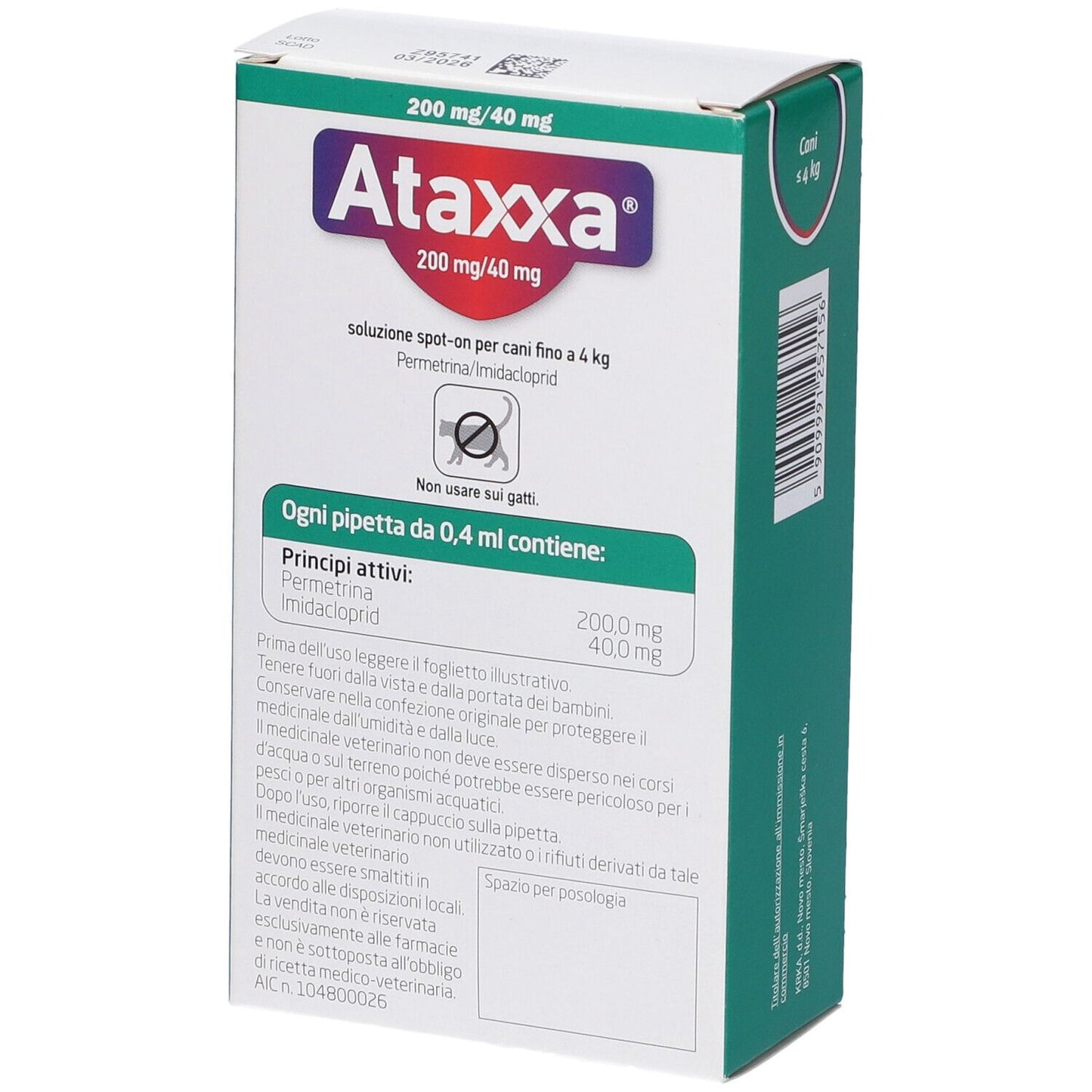 Ataxxa 200 Mg/40 Mg Soluzione Spot-On 4 Pipette 0,4 ml 40 mg + 200 mg - Per Cani Fino A 4 Kg
