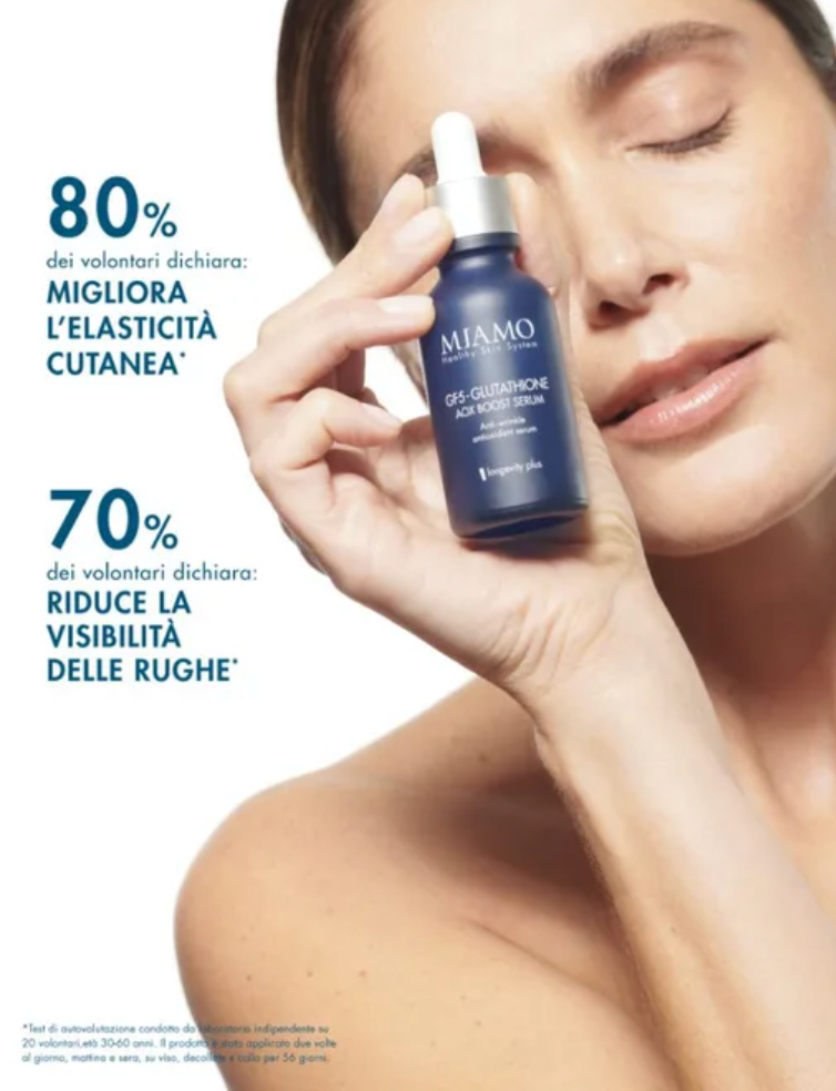 MIAMO Protocollo AntiOx Boost & Protect GF5-Glutathione Aox Booster Serum 30 ml + Aging Defense Sunscreen Drops SPF 50+ 10ml + Skin Defense Integratore 3 bustine