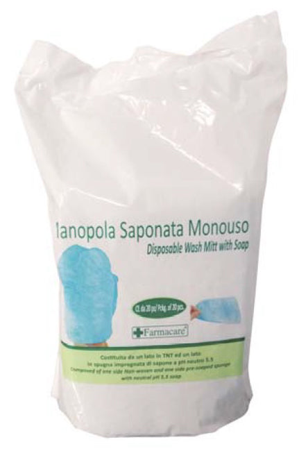 MANOPOLA MONOUSO PER LAVAGGI PARZIALI COMPOSTA DA UNA SPUGNAIN POLIESTERE SAPONATA E DA UN DRAPPO IN TESSUTO NON TESSUTO SENZA RISCIACQUO DETERGENTE A PH ISOCUTANEO