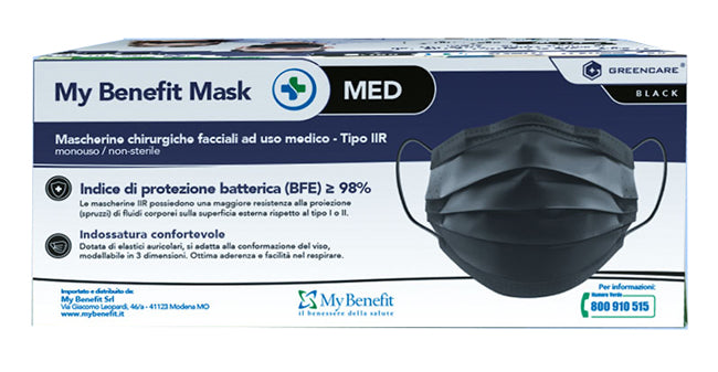 MASCHERINA CHIRURGICA GREENCARE TIPO IIR NERO 50 PEZZI - MASCHERINA CHIRURGICA GREENCARE TIPO IIR NERO 50 PEZZI