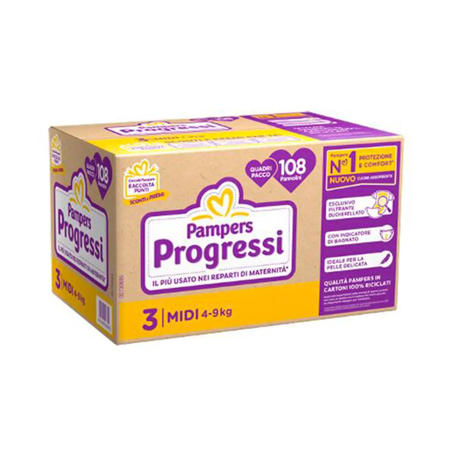 Pampers Quadri Progressi Midi 108 Pezzi - Nuovo Formato - Nuova Tecnologia