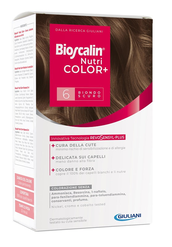 BIOSCALIN NUTRICOLOR PLUS 6 BIONDO SCURO CREMA COLORANTE 40ML + RIVELATORE CREMA 60 ML + SHAMPOO 12 ML + TRATTAMENTO FINALE BALSAMO 12 ML