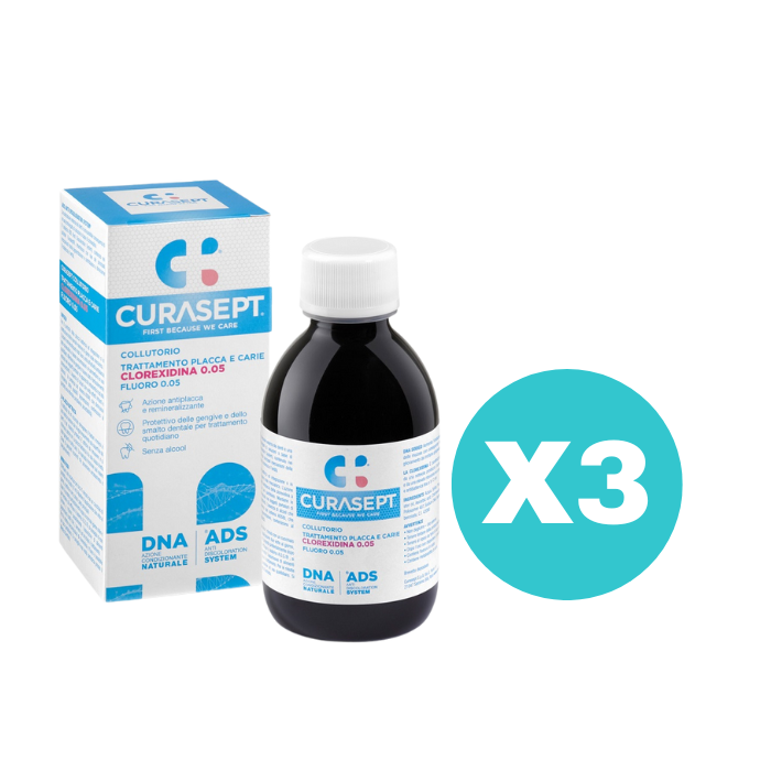 3 Confezioni Curasept Collutorio 0,05% ADS + DNA Trattamento Placca/Carie -Tot.600ml