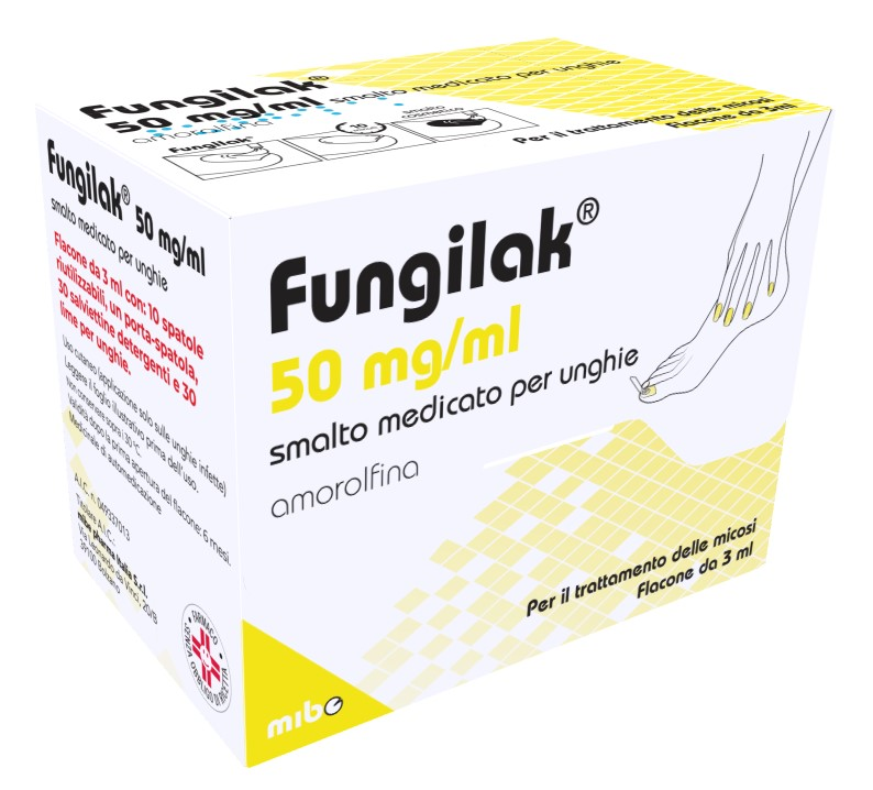 FUNGILAK*smalto unghie 1 flacone 3 ml 50 mg/ml + 10 spatoleriutilizzabili + 1 porta spatola + 30 salviettine detergenti+ 30 limette