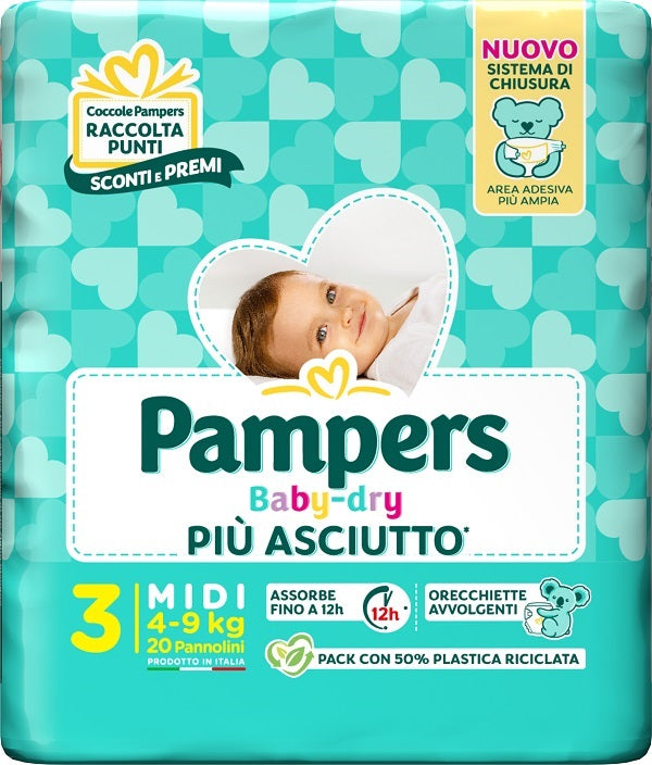 PAMPERS BABY DRY PANNOLINO DOWNCOUNT MIDI 20 PEZZI - PAMPERS BABY DRY PANNOLINO DOWNCOUNT MIDI 20 PEZZI