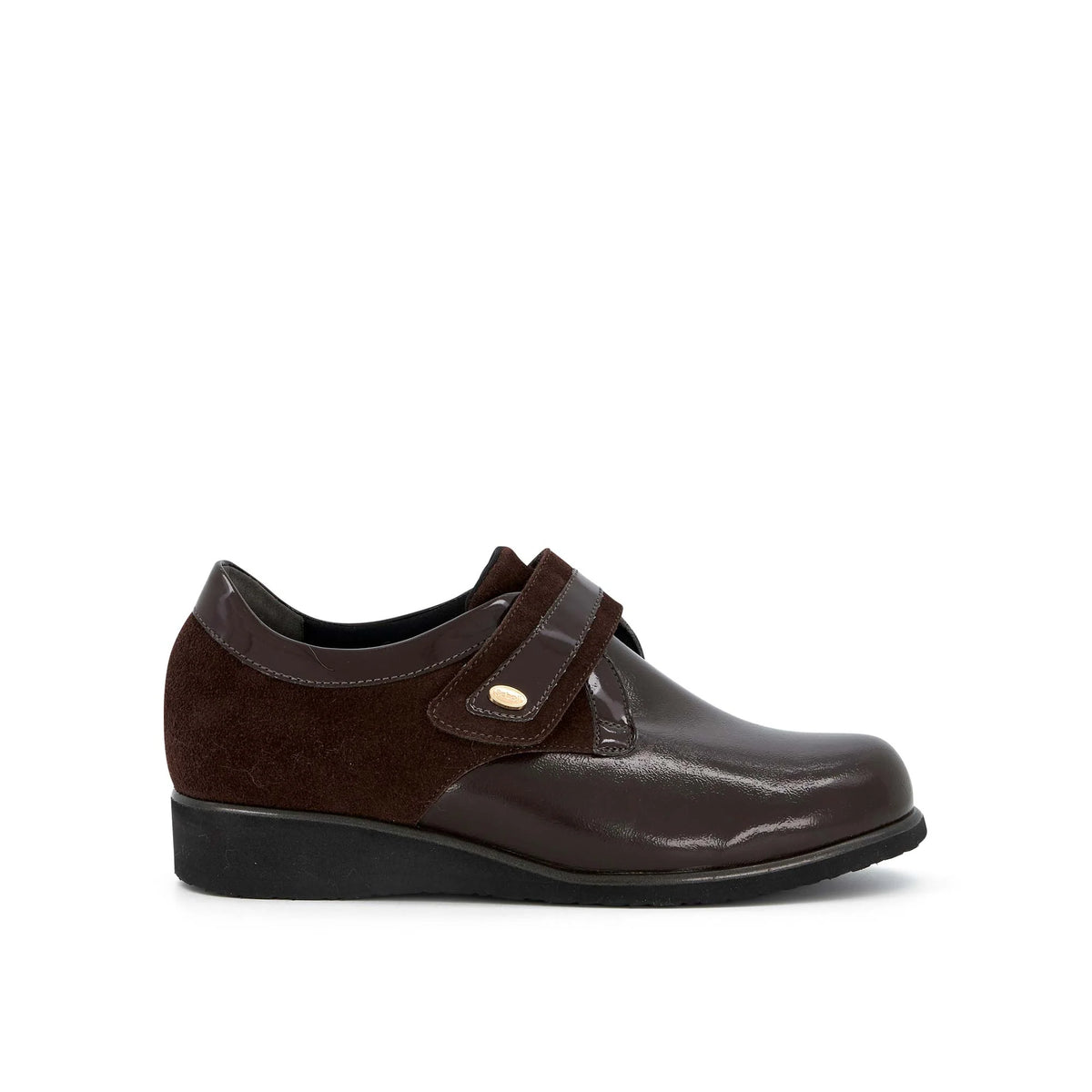 CALZATURA FIONA STRAP PATENT ELASTICATED+ SUEDE W BROWN TOMAIA SIMILVERNICE ELASTICIZZATA+PELLE SCAMOSCIATA FODERA TOMAIA TESSUTO SOTTOPIEDE PELLE SUOLA EVA FITTING H 36