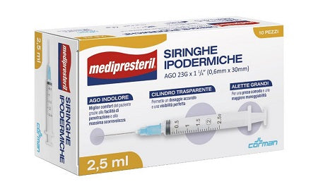 SIRINGA IPODERMICA MEDIPRESTERIL AGO 23 GAUGE 1 1/4 0,6X30MM2,5 ML 10 PEZZI