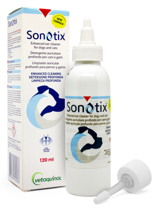 SONOTIX DETERGENTE AURICOLARE PROFONDO CANI E GATTI 120 ML +CANNULA CORTA RIGIDA + CANNULA LUNGA FLESSIBILE - SONOTIX DETERGENTE AURICOLARE PROFONDO CANI E GATTI 120 ML +CANNULA CORTA RIGIDA + CANNULA LUNGA FLESSIBILE