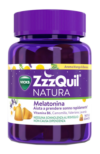 ZzzQuil NATURA Per Dormire 30 Gommose Mango Banana con Melatonina Camomilla Valeriana Lavanda