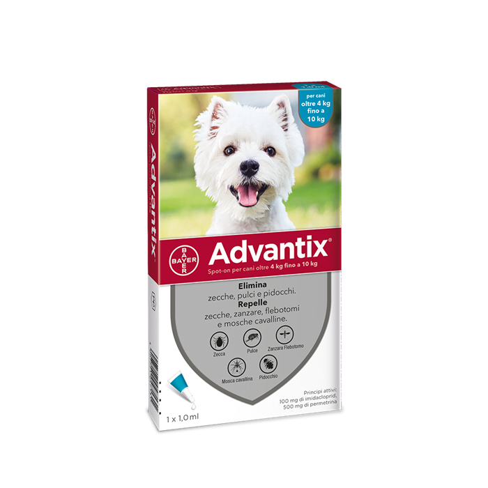 Advantix Spot On Soluz 1 Pipetta 1 Ml 100 Mg + 500 Mg Cani Da 4 A 10 Kg