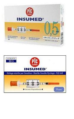 Siringa Per Insulina Pic Insumed 0,5 Ml 100 Ui Ago Gauge 30Lunghezza 8 Mm Senza Spazio Morto 3 Sacchetti Da 10 Pezzi